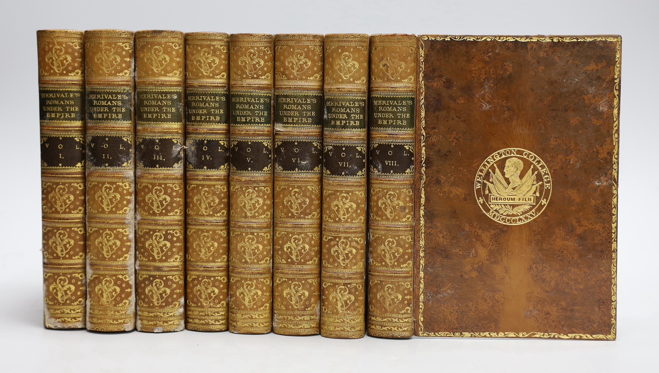 Merivale, Charles - Romans Under the Empire, 8 vols, 8vo, tree calf gilt, Wellington College prize, Longmans, Green & Co., London, 1874